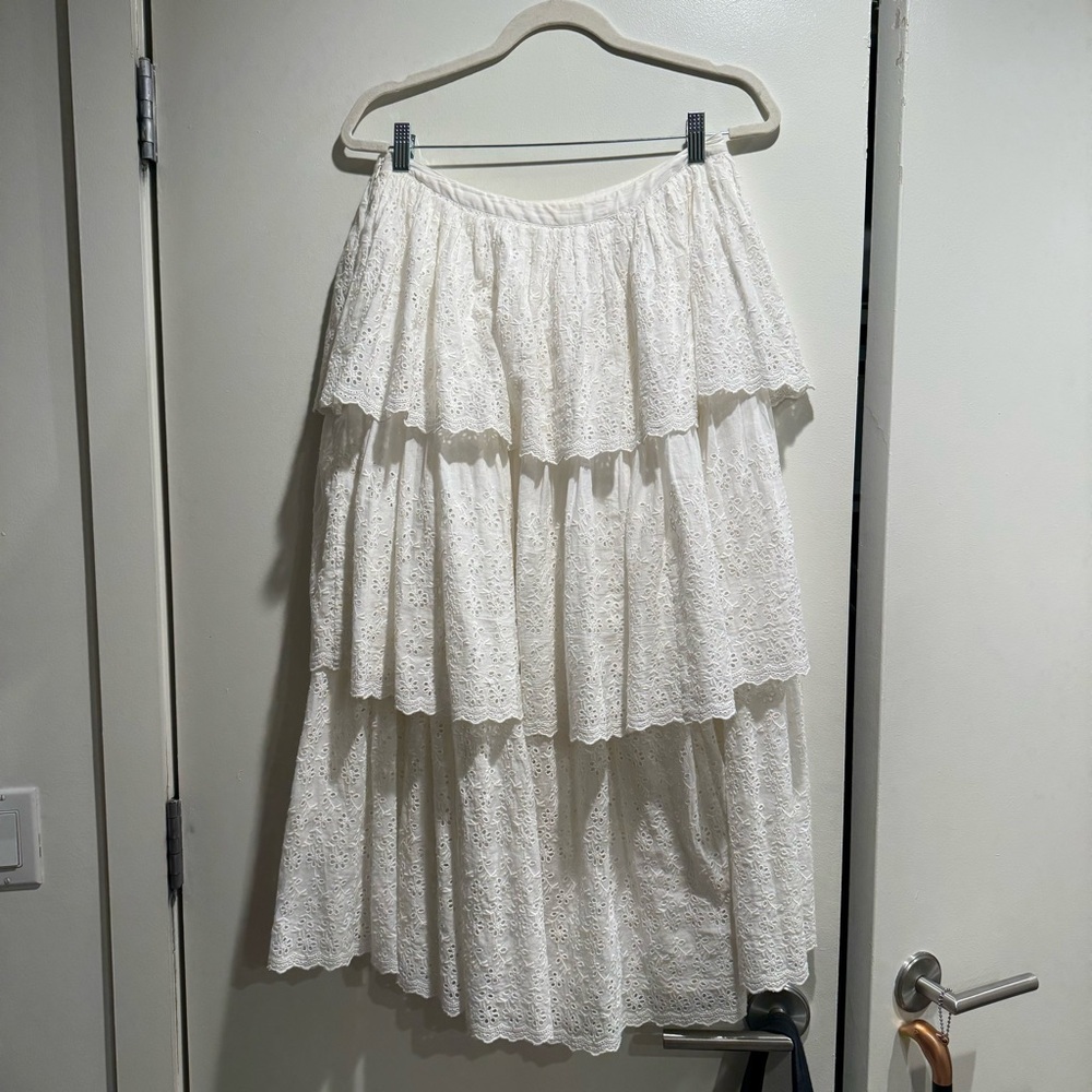 LoveShackFancy Cream Tiered Lace Midi Skirt